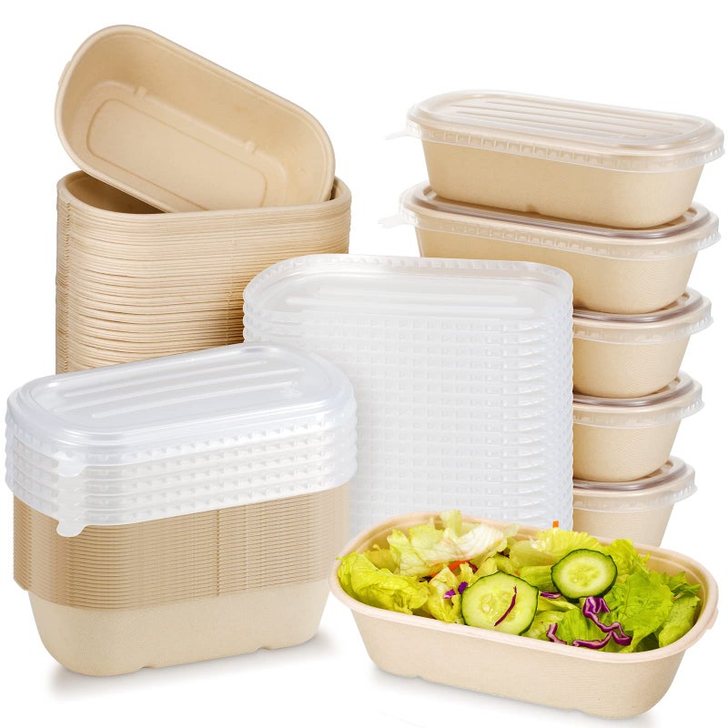 Remerry 100 Sets Disposable Food Containers with PP Lids Disposable Paper Bowls Salad Soup Lunch Serving Containers Food Prep Paper Bowls for Kitchen Restaurant Party33 oz