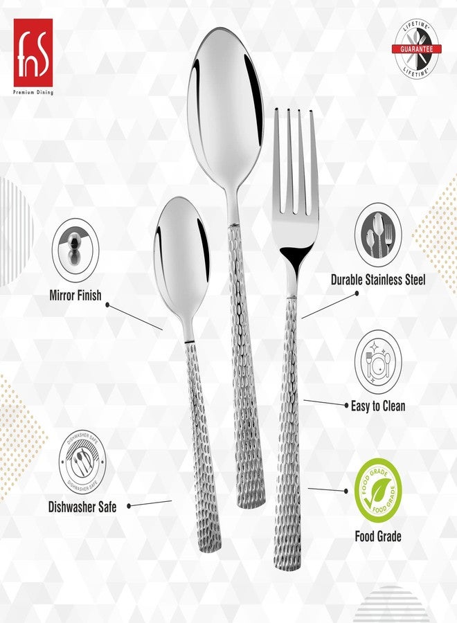 FnS Madrid Premium Stainless Steel Cutlery Set with Hanging Stand, 18-Piece, Silver Hammered Design (6 Dinner Spoon, 6 Dinner Fork, 6 Teaspoon & 1 Cutlery Stand) - Image 3