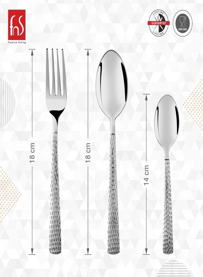 FnS Madrid Premium Stainless Steel Cutlery Set with Hanging Stand, 18-Piece, Silver Hammered Design (6 Dinner Spoon, 6 Dinner Fork, 6 Teaspoon & 1 Cutlery Stand) - Image 2