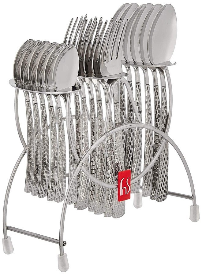FnS Madrid Premium Stainless Steel Cutlery Set with Hanging Stand, 18-Piece, Silver Hammered Design (6 Dinner Spoon, 6 Dinner Fork, 6 Teaspoon & 1 Cutlery Stand) - Image 1