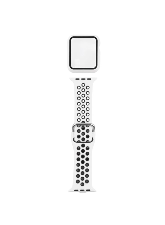 BURAQ Protective Cover Silicone Watch Band + Protective Case with Screen Protector Set For Apple Watch Series 6 & SE & 5 & 4 44mm(White Black)
