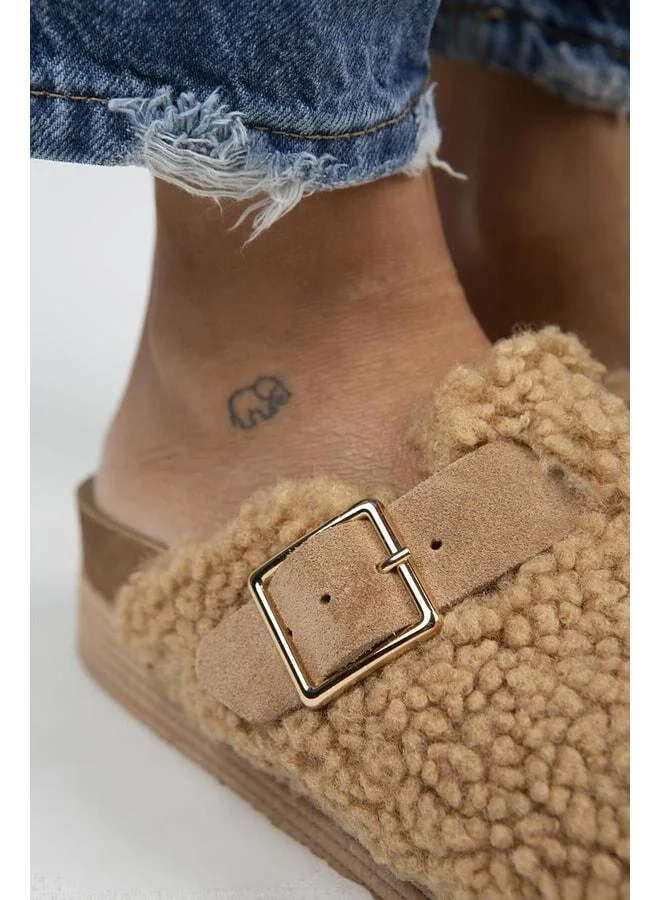 Manijero  Juno Women's Textile Fur-Lined Genuine Leather Caramel Slippers with Belt and Buckle - Brown for Women | Best Price UAE