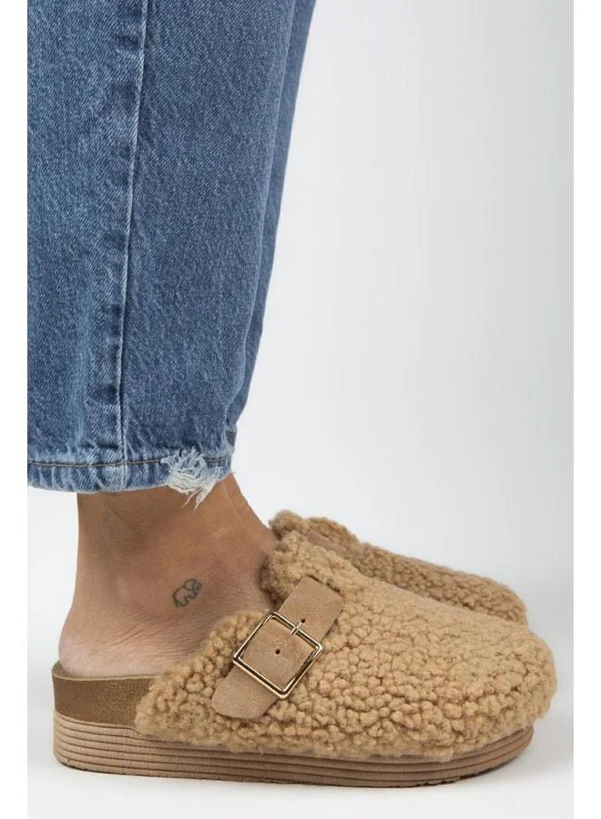 Juno Women's Textile Fur-Lined Genuine Leather Caramel Slippers with Belt and Buckle - Brown