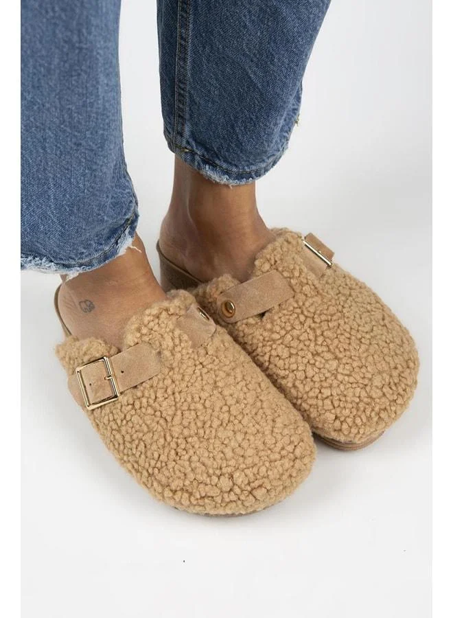 Manijero  Juno Women's Textile Fur-Lined Genuine Leather Caramel Slippers with Belt and Buckle - Brown for Women | Best Price UAE