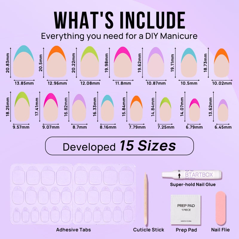 BTArtbox Press On Nails Short - Soft Gel French Tip Press On Nails, Colorful Almond Glue On Nails, Reusable Stick On Nails in 16 Sizes, Neon Rainbow French - Image 4