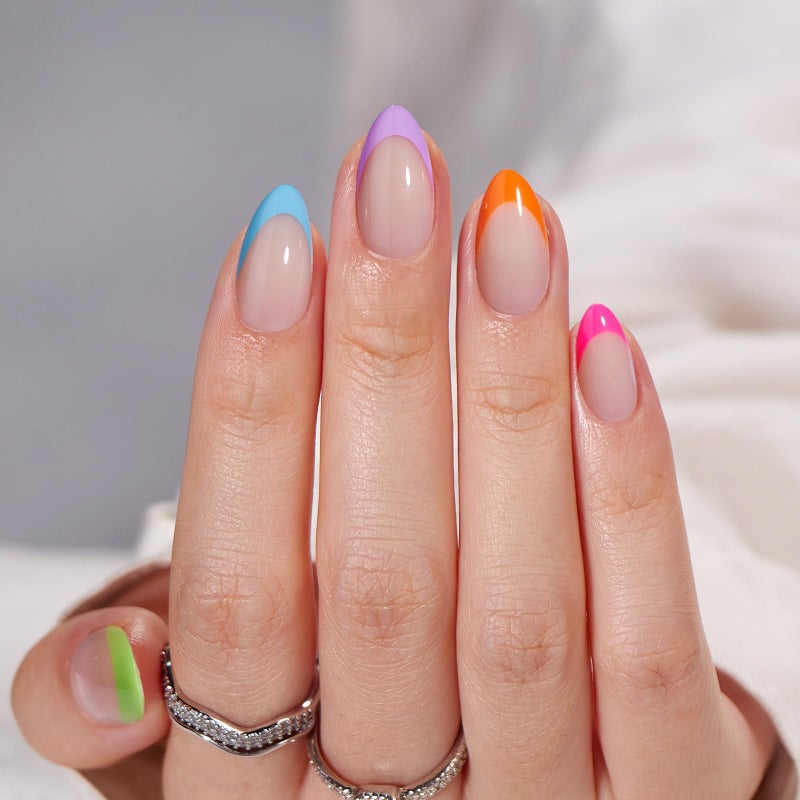 BTArtbox Press On Nails Short - Soft Gel French Tip Press On Nails, Colorful Almond Glue On Nails, Reusable Stick On Nails in 16 Sizes, Neon Rainbow French - Image 2