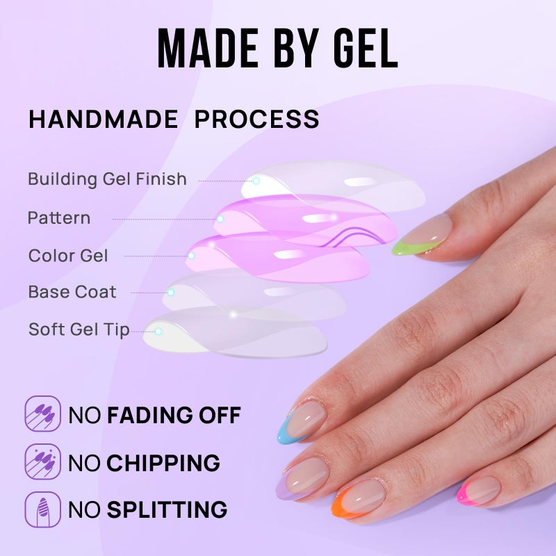BTArtbox Press On Nails Short - Soft Gel French Tip Press On Nails, Colorful Almond Glue On Nails, Reusable Stick On Nails in 16 Sizes, Neon Rainbow French - Image 3