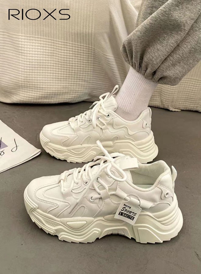 ريوكس أحذية رياضية سميكة للنساء، أحذية رياضية عصرية، أحذية رياضية كلاسيكية للنساء برباط، أحذية رياضية مريحة ومسامية للسيدات، أحذية جري خفيفة الوزن ومضادة للانزلاق، أحذية رياضية بيضاء أنيقة، أحذية للمشي للارتداء في الشارع والملابس اليومية - Image 1
