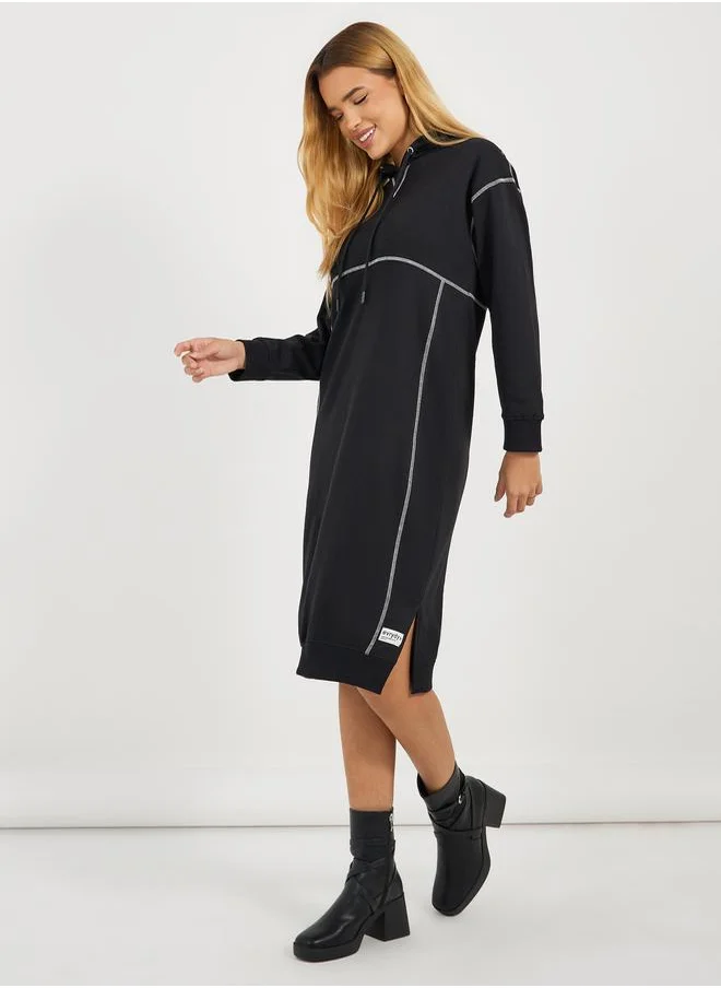 Styli Contrast Overlock Stich Hooded Sweatshirt Midi Dress