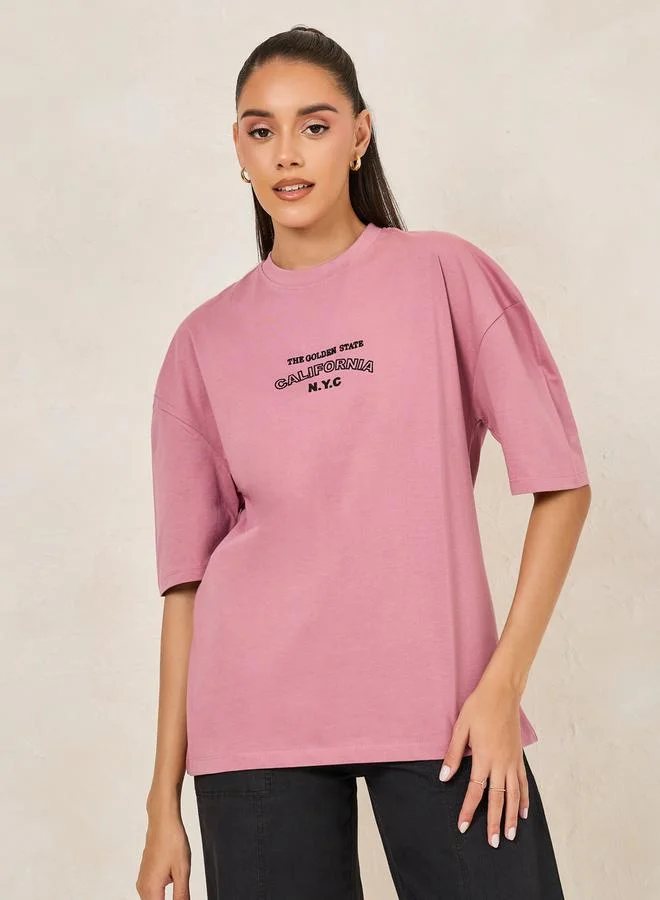 Styli Oversized Embroidered California NYC Longline T-Shirt