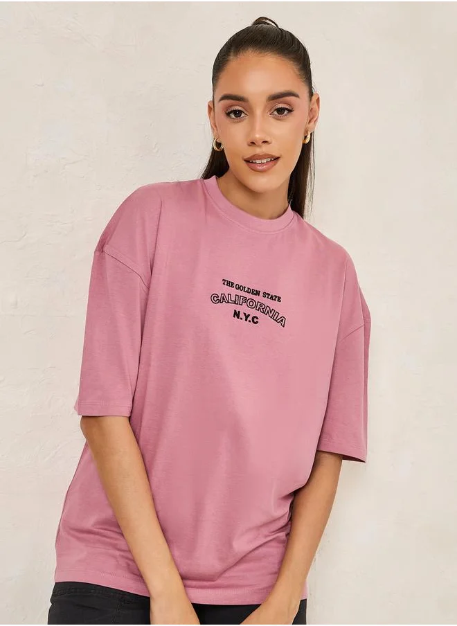 Styli Oversized Embroidered California NYC Longline T-Shirt