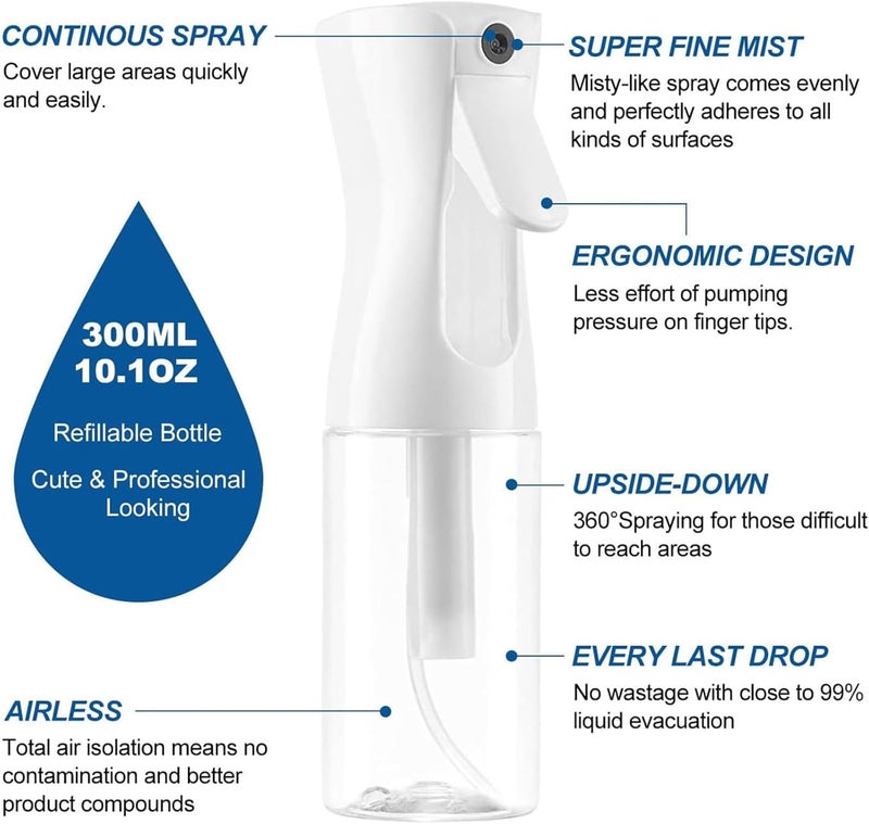 ANTOLE Plastic Spray Bottles,2 Pack Continuous Ultra Fine Mist Water Sprayer,10oz/300ml Refillable Liquid Containers Empty Mist Spray Bottle for Hairstyling,Cleaning,Salons,Plants,Essential Oils - Image 3