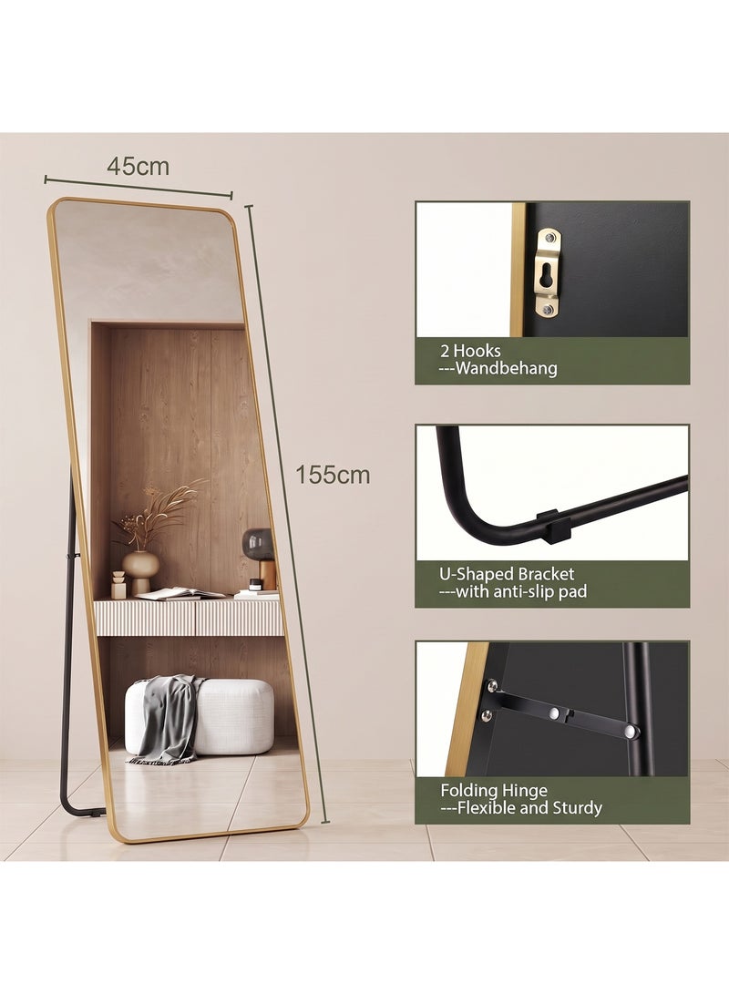 Taimi Rectangular Mirror 155x45cm with Rounded Edges, Full Length Mirror with Stand and Metal Frame, Floor Mirror, Wall Mirror Hanging or Tilt for Living Room, Bedroom, Entryway Gold - Image 5