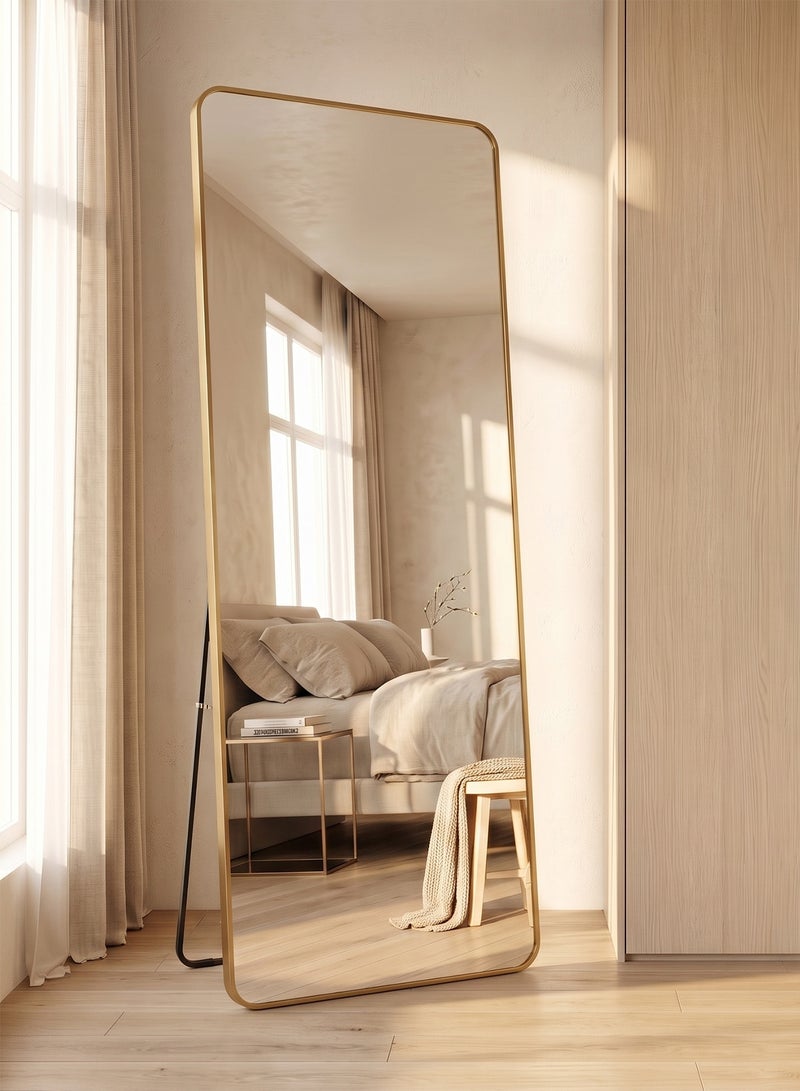 Taimi Rectangular Mirror 155x45cm with Rounded Edges, Full Length Mirror with Stand and Metal Frame, Floor Mirror, Wall Mirror Hanging or Tilt for Living Room, Bedroom, Entryway Gold - Image 3
