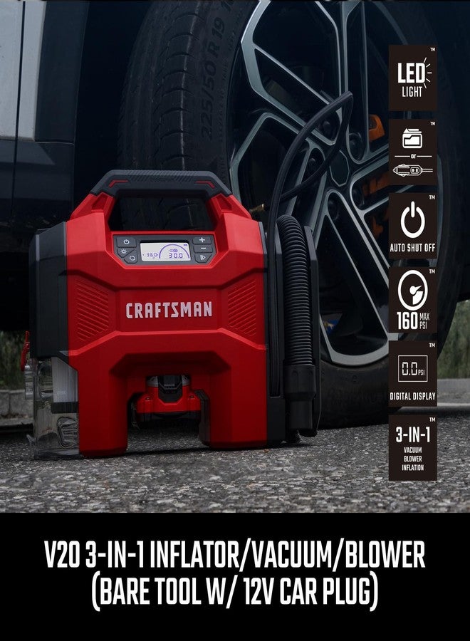CRAFTSMAN Inflator/Vacuum/Blower 3-IN-1,Tire Inflator Portable Air Compressor with LED Light,Quiet Car Vacuum or Blower, 160 PSI for Car RV Truck,12V DC Corded and 20V DC Cordless,Tool Only - Image 2