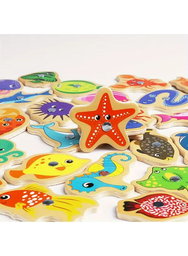 Wooden Fishing Game Set With 28 Fish 2 Rods Ocean Theme Educational Toy Gift - Image 5