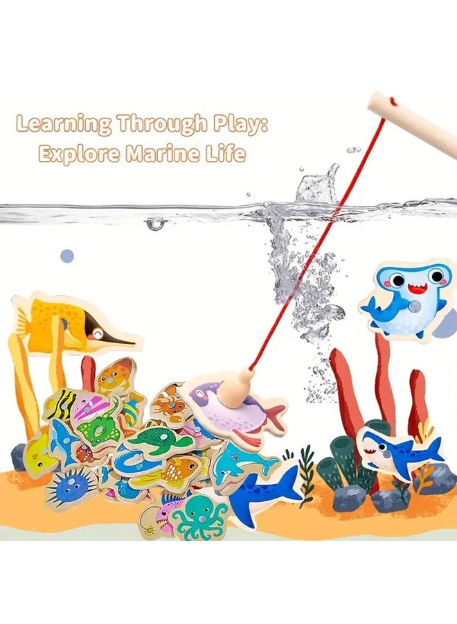 Wooden Fishing Game Set With 28 Fish 2 Rods Ocean Theme Educational Toy Gift - Image 2