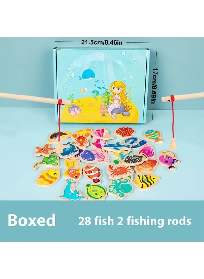 Wooden Fishing Game Set With 28 Fish 2 Rods Ocean Theme Educational Toy Gift - Image 1