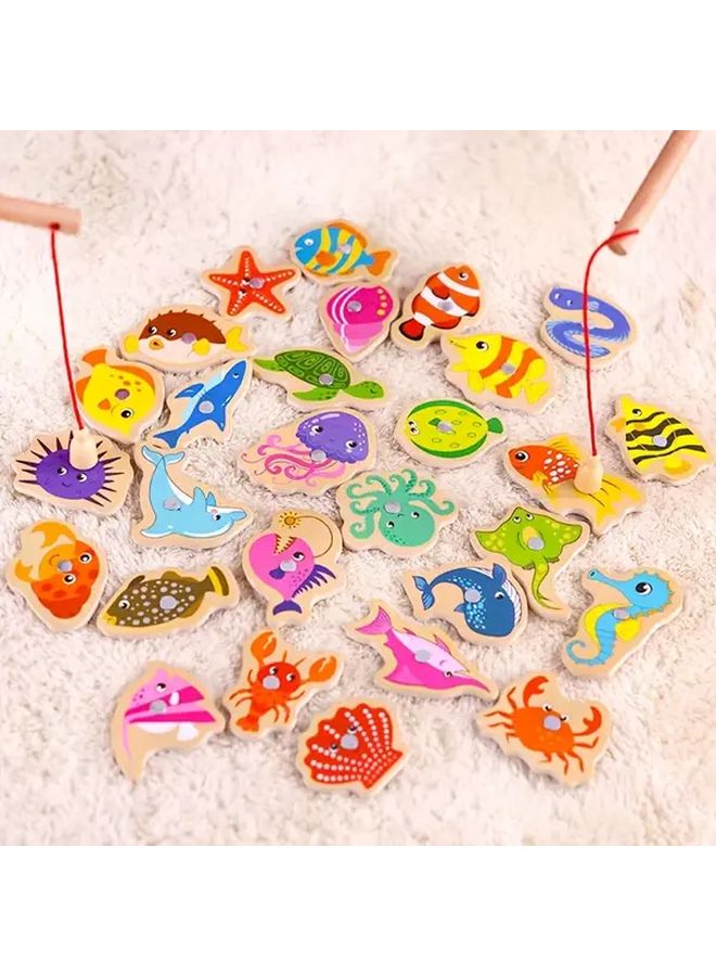 Wooden Fishing Game Set With 28 Fish 2 Rods Ocean Theme Educational Toy Gift - Image 4