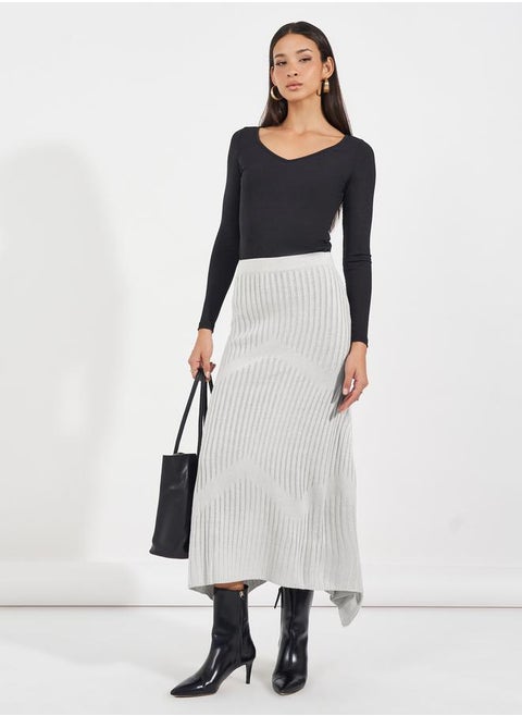Textured Knit Asymmetric Hem Midi Skirt