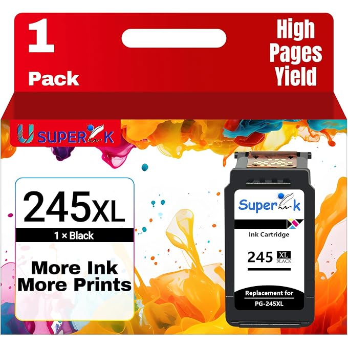 SuperInk Remanufactured for PG-245XL Ink Cartridges (1 Black) Shows Accurate Ink Level use in PIXMA MG2520 MG2920 MG2922 MG2924 MG2420 MG2522 MG2525 MG3020 MG2555 MX490 MX492 Printer