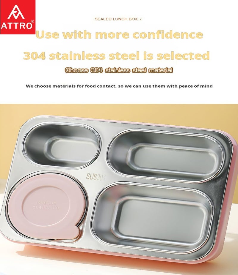 ATTRO Relish 4 Lunch Box Comes with 4 Inner Steel Compartments, 1 Small Bowl with lid, 1 Spoon & Chopstick Air-Tight Leakproof- 800ml + 150ml Pink - Image 2