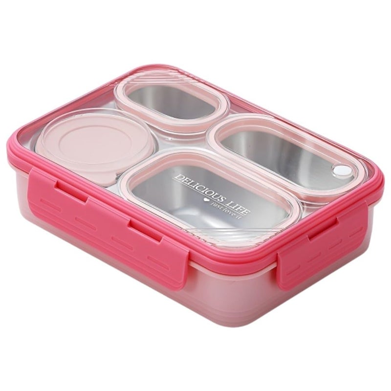 ATTRO Relish 4 Lunch Box Comes with 4 Inner Steel Compartments, 1 Small Bowl with lid, 1 Spoon & Chopstick Air-Tight Leakproof- 800ml + 150ml Pink - Image 5