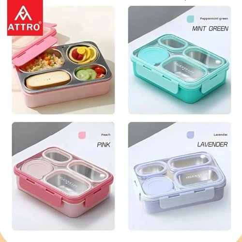 ATTRO Relish 4 Lunch Box Comes with 4 Inner Steel Compartments, 1 Small Bowl with lid, 1 Spoon & Chopstick Air-Tight Leakproof- 800ml + 150ml Pink - Image 4