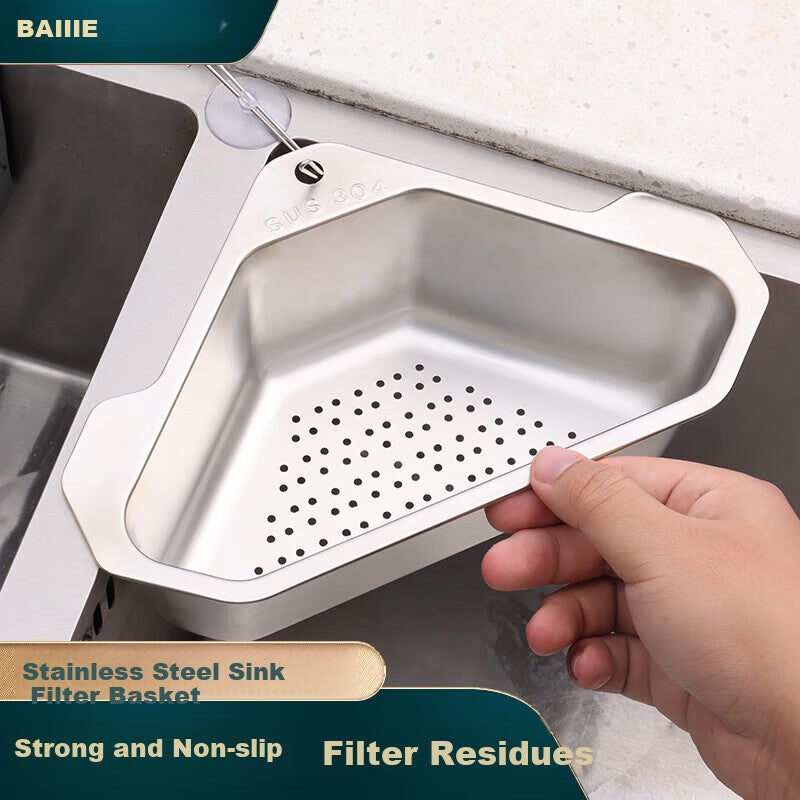 Baijie 304 Stainless Steel Sink Strainer Rack, Kitchen Sink Dishwashing Sink Food Waste Draining Basket Triangular Draining Rack - Image 1