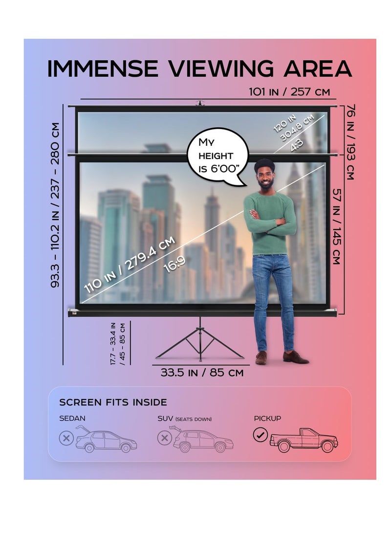 CityRiya-Long Projector Screen with Stand,120 Inch Portable Indoor Outdoor Projection Screen 16:9 Hd 4K Wrinkle-Free Outdoor Movies Screen Carrying Bag for Home Backyard Theater  - Image 2