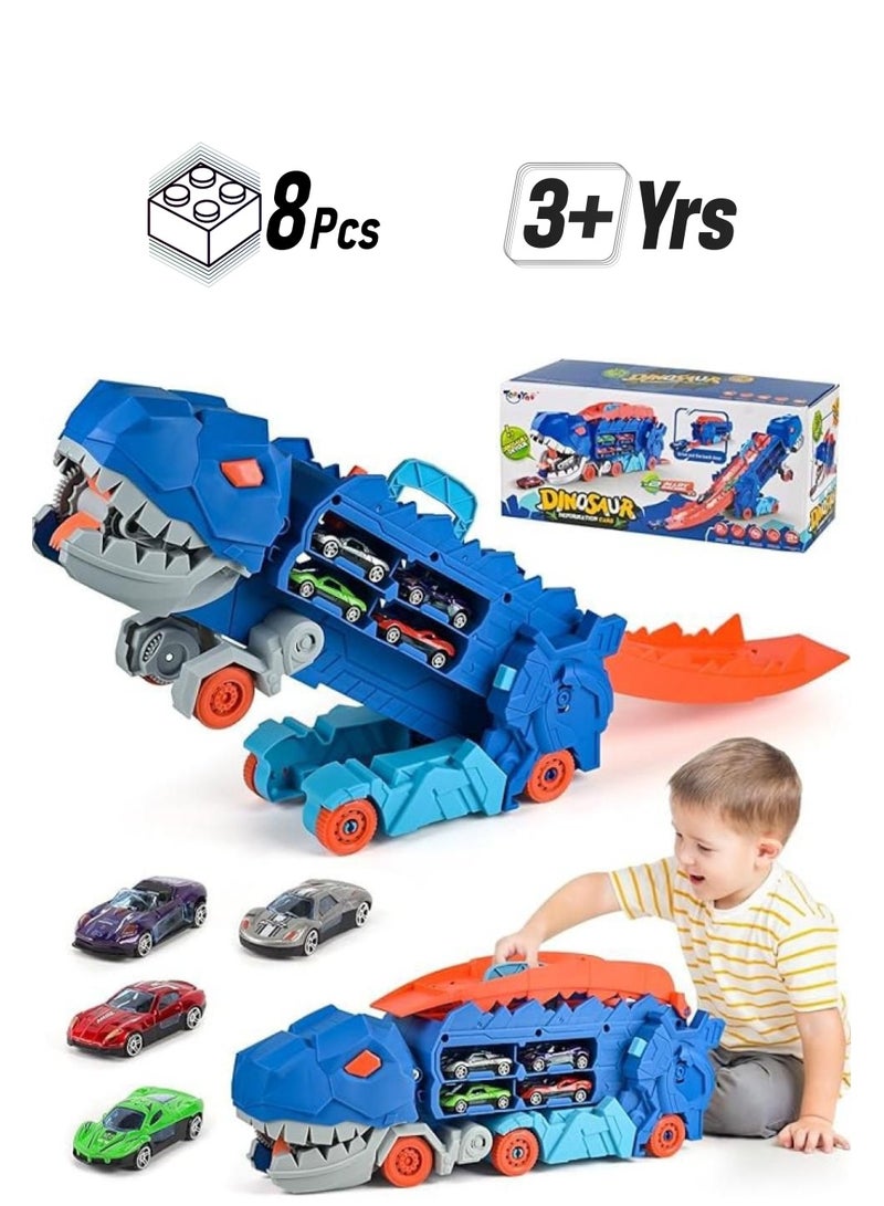 Dinosaur Truck Toy Cars for Toddlers 3 4 5 6 Years Old Boys,with Foldable Sliding 25-Inch Race Track,Transformable Into Standing T-Rex,Toddler Car Toys Set for Kids Boys Girls(8 Cars 