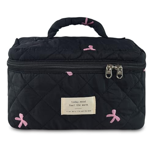 GISMTR Makeup Bag, Quilted Bow Cosmetic Bag, Large Travel Aesthetic Make up Bag, Cute Coquette Toiletry Pouch for Women Girls - Image 1