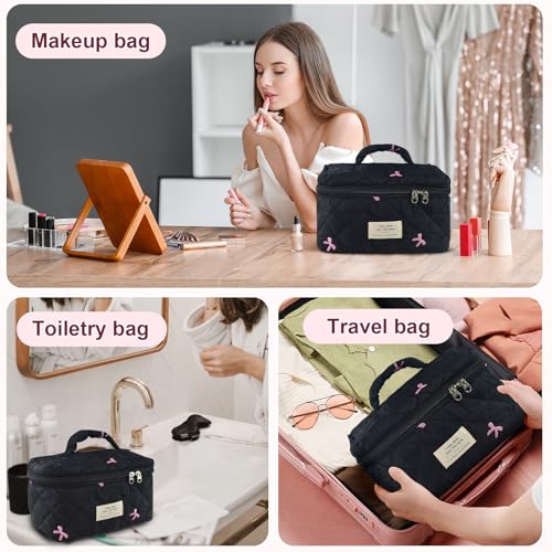 GISMTR Makeup Bag, Quilted Bow Cosmetic Bag, Large Travel Aesthetic Make up Bag, Cute Coquette Toiletry Pouch for Women Girls - Image 3