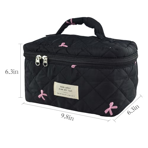 GISMTR Makeup Bag, Quilted Bow Cosmetic Bag, Large Travel Aesthetic Make up Bag, Cute Coquette Toiletry Pouch for Women Girls - Image 5