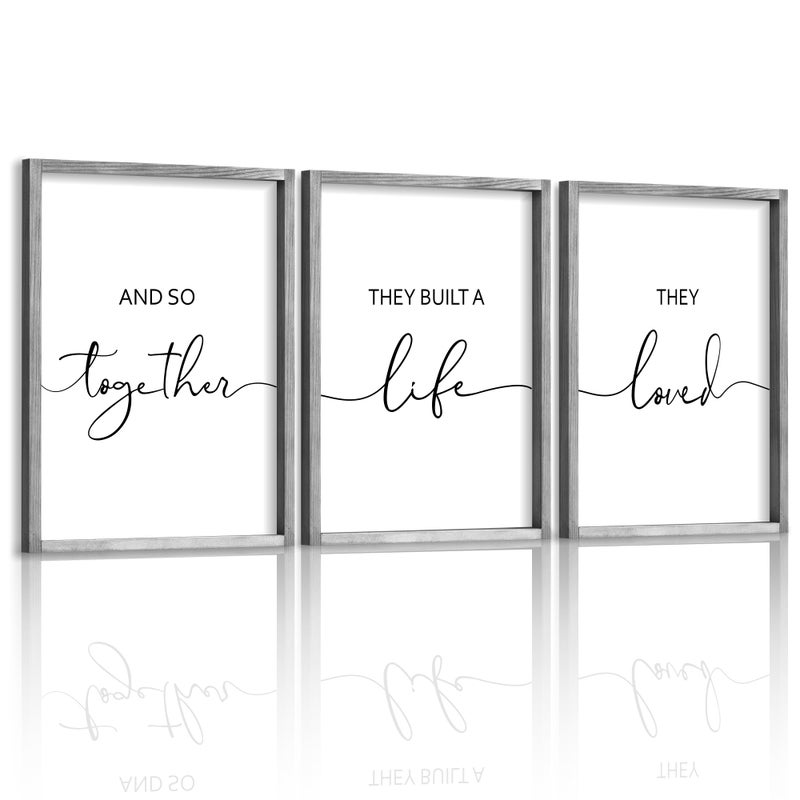 Houmury Framed Set of 3 And So Together They Built A Life They Loved Above Bed Wall Decor Wall Art for Farmhouse Home Bedroom Kitchen Living Room Wood Signs (Gray,12"x16") - Image 1