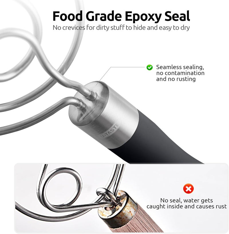 UTaste 12.6" Danish Dough Whisk: 18/8 Stainless Steel Heavy-Duty Sourdough Mixer Tool, Food Grade Dutch Style Seamless Bread Wisk, Sturdy for Mixing, Stirring, Pressing, Kneading Thick Batter (Black) - Image 4