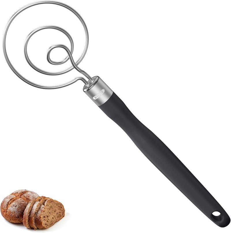 UTaste 12.6" Danish Dough Whisk: 18/8 Stainless Steel Heavy-Duty Sourdough Mixer Tool, Food Grade Dutch Style Seamless Bread Wisk, Sturdy for Mixing, Stirring, Pressing, Kneading Thick Batter (Black) - Image 1