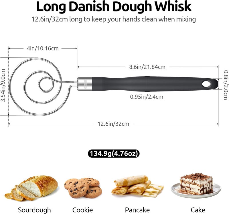 UTaste 12.6" Danish Dough Whisk: 18/8 Stainless Steel Heavy-Duty Sourdough Mixer Tool, Food Grade Dutch Style Seamless Bread Wisk, Sturdy for Mixing, Stirring, Pressing, Kneading Thick Batter (Black) - Image 2