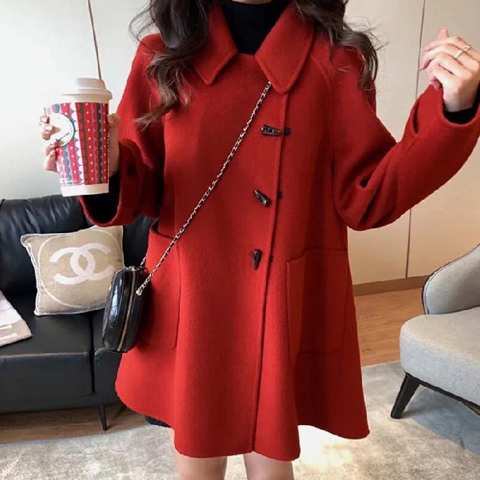 2023 Woolen Coat Horn Buttons Red Thickened Black - Image 2