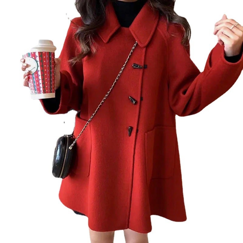 2023 Woolen Coat Horn Buttons Red Thickened Black - Image 4