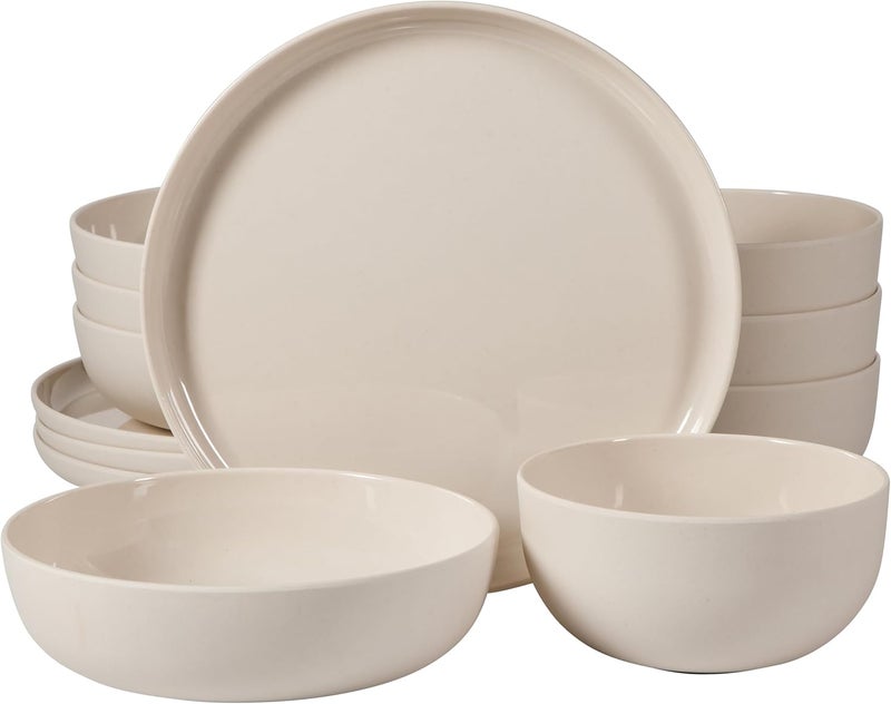 Gibson Home Candy Skies 12 Piece Unbreakable Wheat Straw Melamine Plates and Bowls Dinnerware Set  Outdoor Camping  Everyday Use  Matte ExteriorShiny Interior Taupe Cream - Image 1
