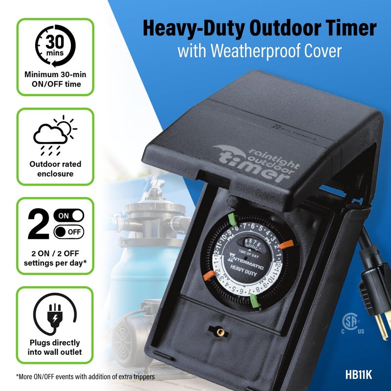 Intermatic HB11K Heavy-Duty Outdoor Plug-in Timer â€“ 2 ON/2 Off Settings, 30-Min Minimum Intervals, Weatherproof Flip Cover, 15A/1800W, 1 HP Rated, 13" Cord â€“ Ideal for Pool Pumps, Lights, Decorations - Image 2