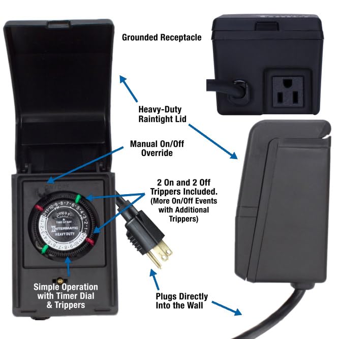 Intermatic HB11K Heavy-Duty Outdoor Plug-in Timer â€“ 2 ON/2 Off Settings, 30-Min Minimum Intervals, Weatherproof Flip Cover, 15A/1800W, 1 HP Rated, 13" Cord â€“ Ideal for Pool Pumps, Lights, Decorations - Image 4