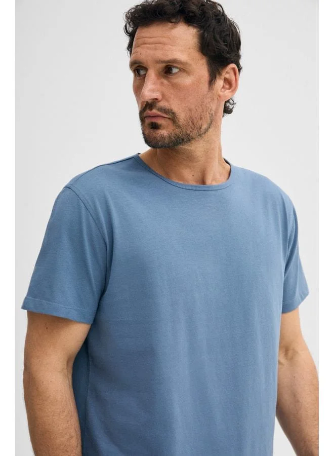 Grimelange POREC Men's 100% Organic Cotton Round Neck Regular Fit Indigo T-Shirt.