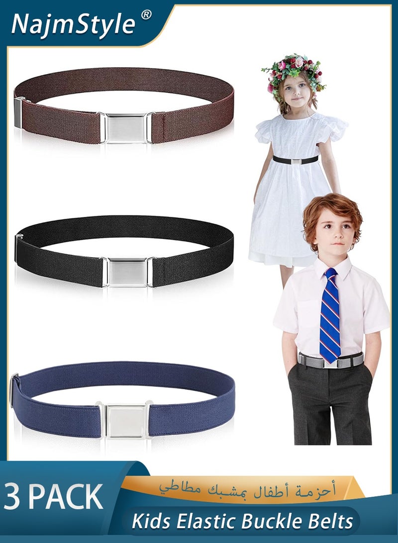 NajmStyle 3 PCS Kids Toddler Elastic Buckle Belts,Adjustable Children Stretch Belt with Silver Square Buckle Stylish Women Men Waist Belt Jeans Pants Skirts Elastic Belts for Boy Girl-Black+Brown+Blue - Image 1