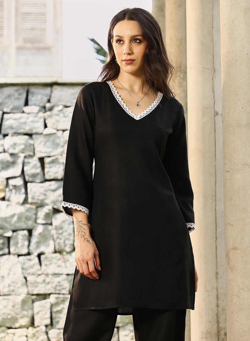 Qissa Women's Onyx Black Bloomesque Kurta Set For Casual Wear | V-Neck | Quarter Regular Sleeves | 3 Piece Kurta Set Designed With Comfort Fit For Everyday Ethnic Wear - Image 2