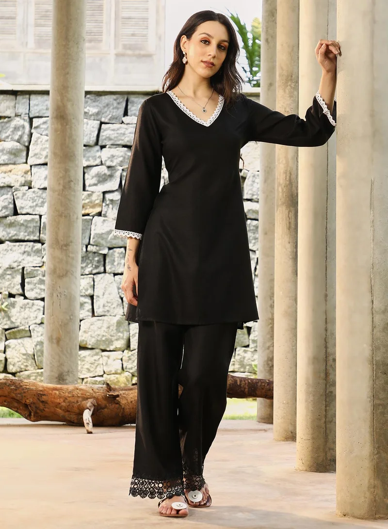 QISSA  Qissa Women's Onyx Black Bloomesque Kurta Set For Casual Wear | V-Neck | Quarter Regular Sleeves | 3 Piece Kurta Set Designed With Comfort Fit For Everyday Ethnic Wear for Women | Best Price UAE