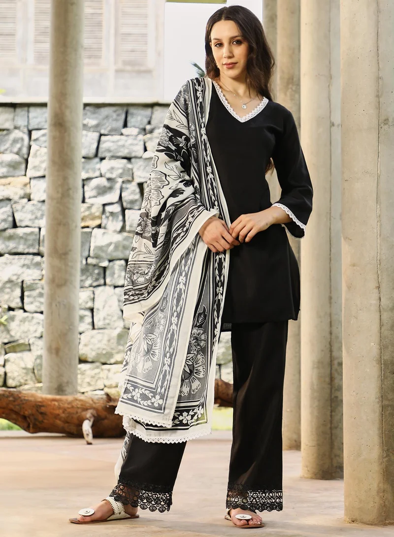 QISSA  Qissa Women's Onyx Black Bloomesque Kurta Set For Casual Wear | V-Neck | Quarter Regular Sleeves | 3 Piece Kurta Set Designed With Comfort Fit For Everyday Ethnic Wear for Women | Best Price UAE