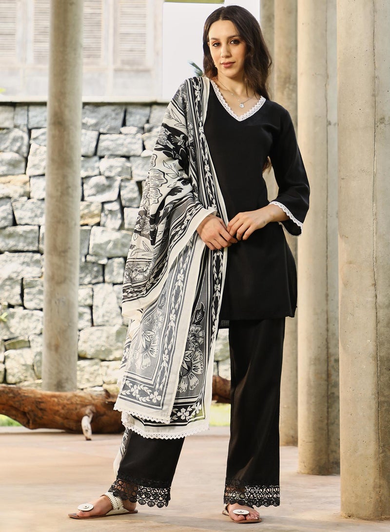 Qissa Women's Onyx Black Bloomesque Kurta Set For Casual Wear | V-Neck | Quarter Regular Sleeves | 3 Piece Kurta Set Designed With Comfort Fit For Everyday Ethnic Wear - Image 3