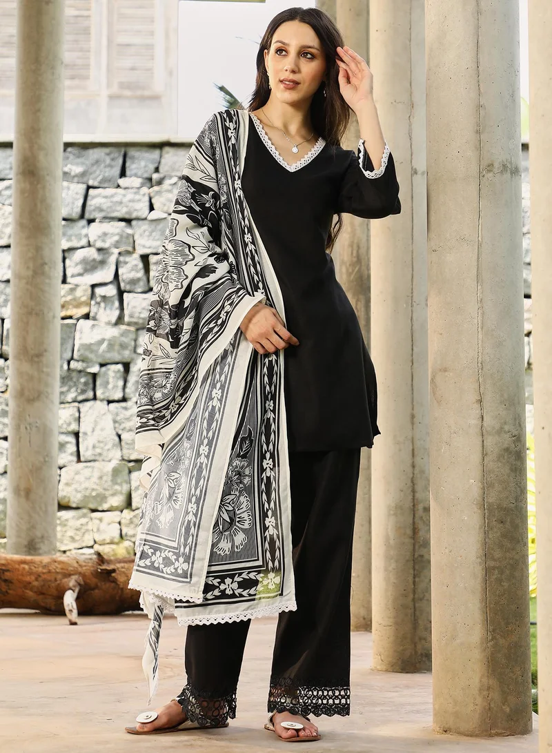 QISSA Qissa Women's Onyx Black Bloomesque Kurta Set For Casual Wear | V-Neck | Quarter Regular Sleeves | 3 Piece Kurta Set Designed With Comfort Fit For Everyday Ethnic Wear